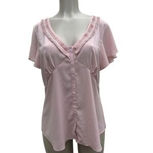 Spense Blouse Women's XL Pink Button Front Accordion Pleat Trim Flutter Sleeve